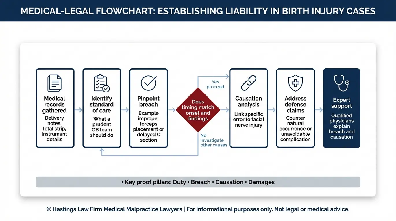 Diagrama de flujo que muestra cómo un abogado especializado en lesiones de nacimiento que provocan parálisis facial de Texas demuestra la causalidad del incumplimiento del estándar de atención y el respaldo de los peritos en un caso de parálisis facial en un recién nacido.