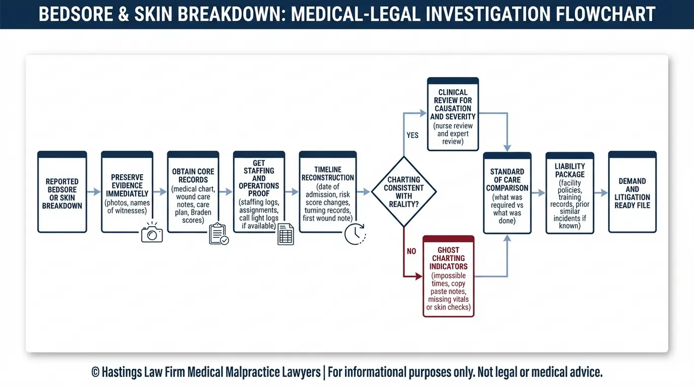 Process flowchart showing how Arizona Nursing Home Bedsores Lawyers prove neglect using medical records, staffing logs, timeline reconstruction, charting consistency checks, and standard of care comparison.