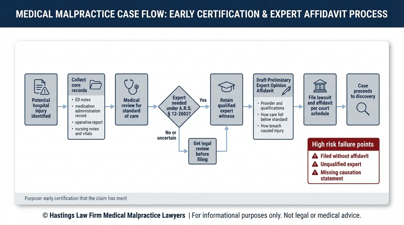 Diagrama de flujo del proceso que utiliza un abogado especializado en negligencia médica de Arizona para cumplir con el requisito de la declaración jurada de mérito, en el que se muestran los puntos de decisión relativos a la recopilación de registros, la revisión por parte de expertos, el contenido de la declaración jurada y la secuencia de presentación.
