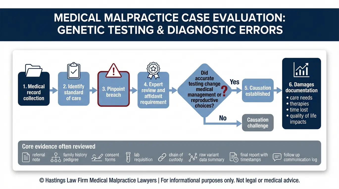 Process flowchart outlining how an Arizona Medical Geneticist Malpractice Lawyer proves negligence through medical record review standard of care breach expert affidavit causation decision point and damages documentation.