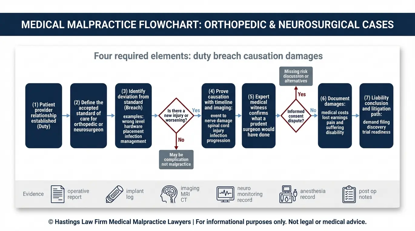 Diagrama de flujo que muestra cómo un abogado especializado en negligencia médica de Arizona, en casos de cirugía de columna, demuestra la negligencia mediante el incumplimiento del estándar de atención, el apoyo de peritos en causalidad y los daños documentados.
