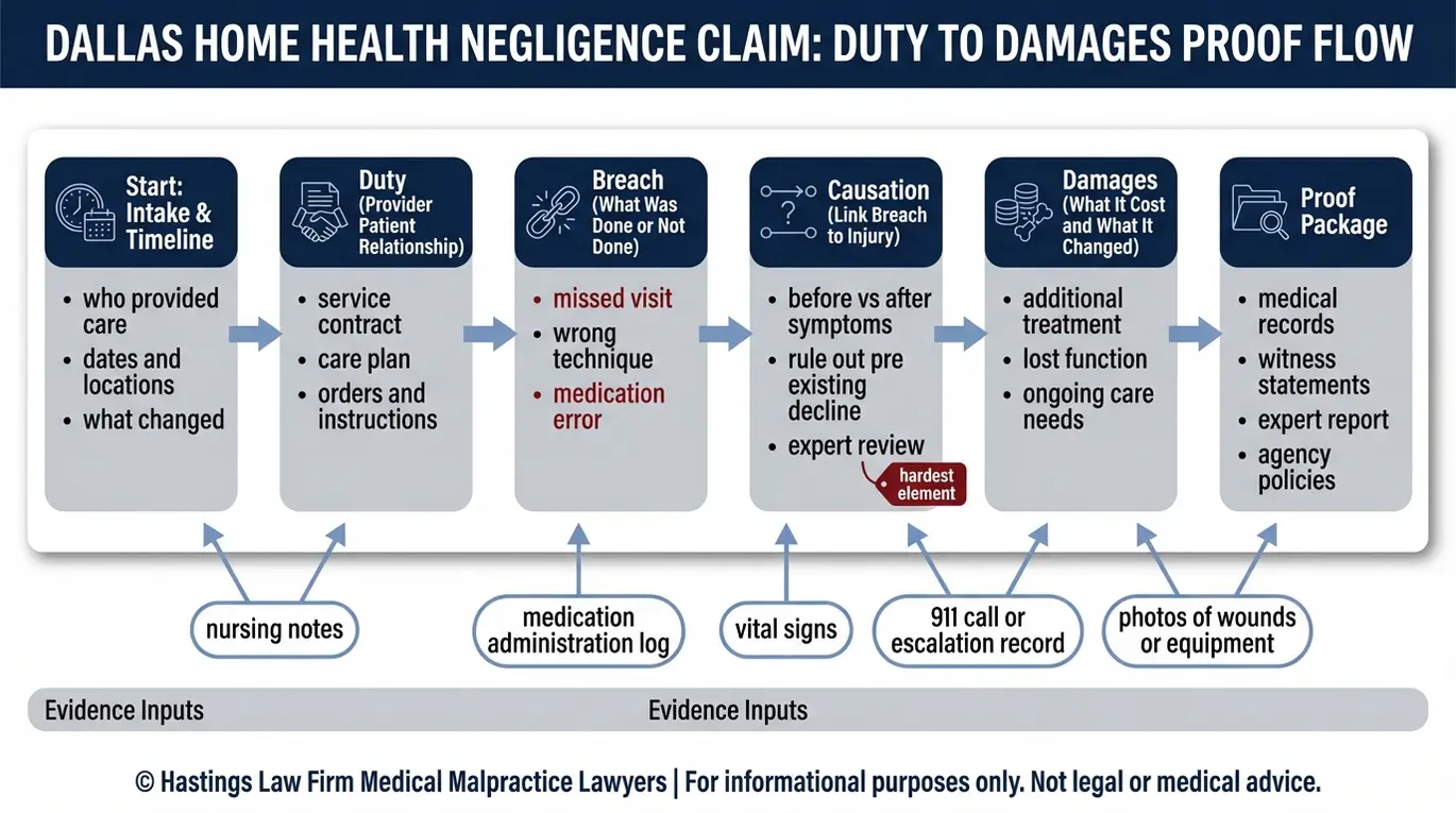 Diagrama de flujo que muestra cómo un abogado especializado en negligencia profesional de proveedores de atención médica domiciliaria en Dallas demuestra el deber, el incumplimiento, la causalidad y los daños y perjuicios con pruebas clave como las notas de enfermería y los registros de medicación.