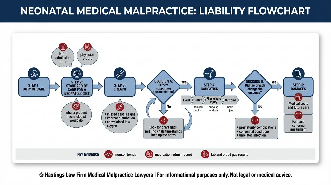 Diagrama de flujo que muestra cómo un abogado especializado en negligencia médica de neonatólogos Texas demuestra el incumplimiento del deber de diligencia, la relación de causalidad y los daños y perjuicios mediante la revisión de la documentación de la UCIN y los puntos de decisión sobre los resultados.