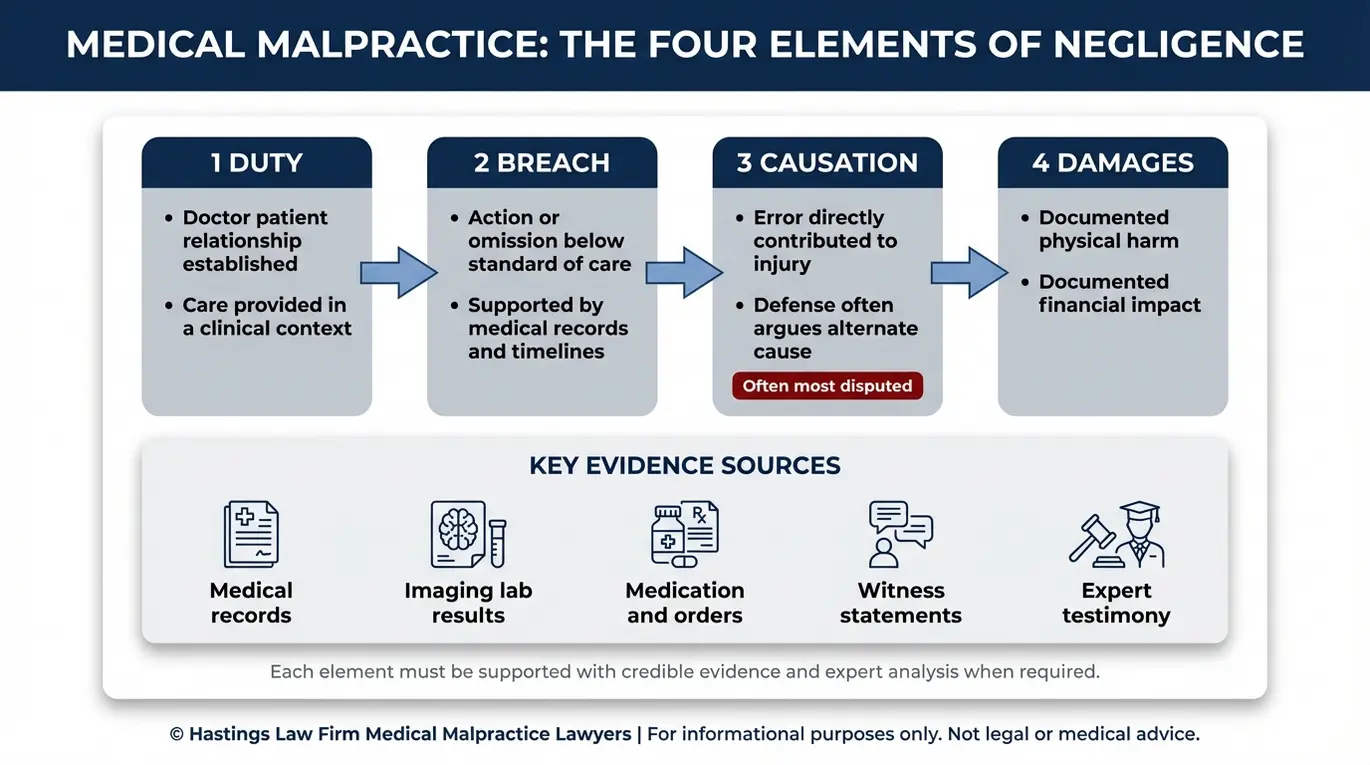 Diagrama de flujo que muestra cómo un abogado especializado en negligencia médica de Arizona demuestra la negligencia de un médico a través de los elementos de deber, incumplimiento, causalidad y daños, con pruebas de respaldo tales como expedientes médicos y testimonios de expertos.
