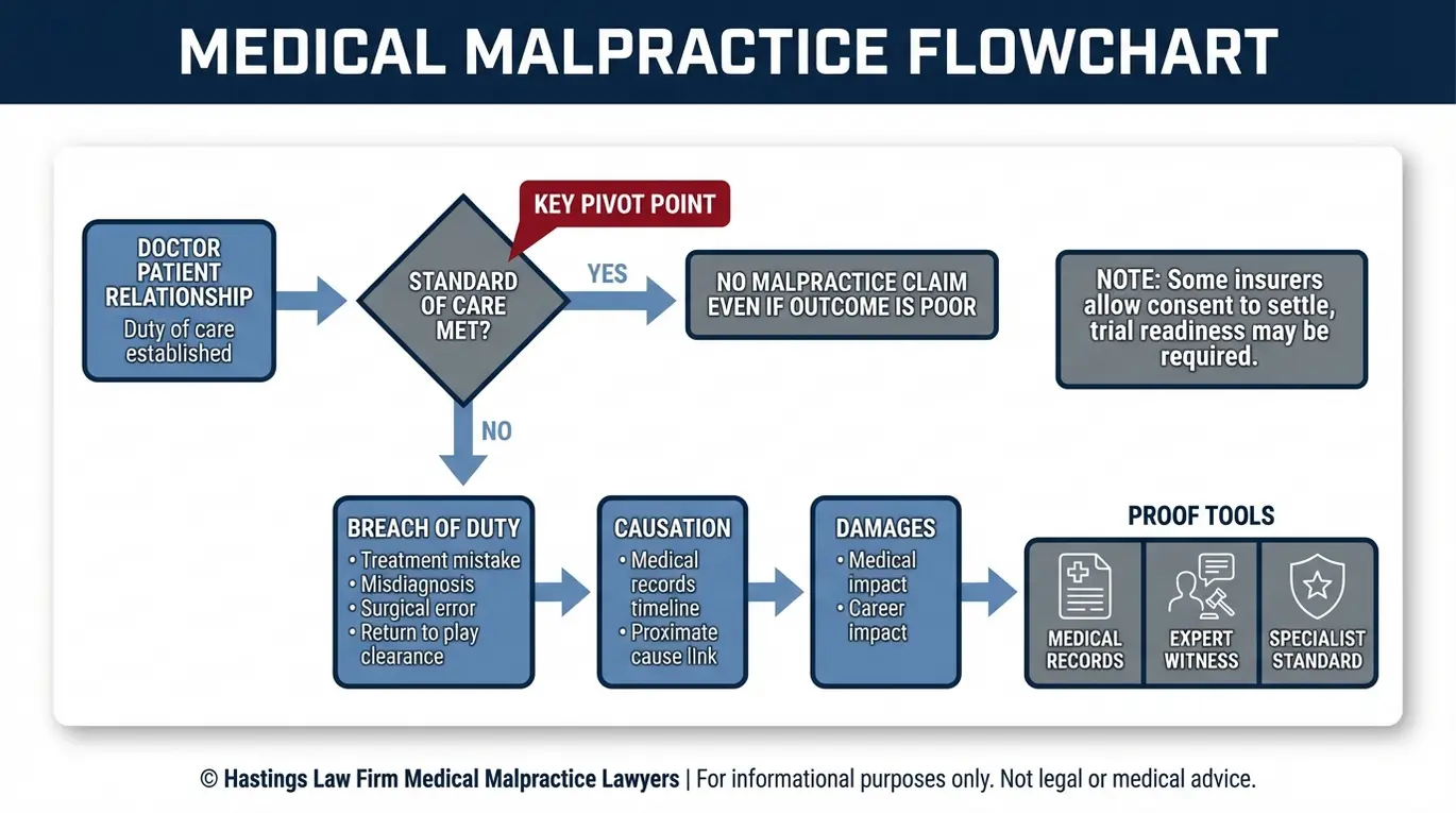 Process flowchart showing how an Arizona Sports Medicine Physician Malpractice Lawyer proves duty breach causation and damages using medical records and expert witness testimony.