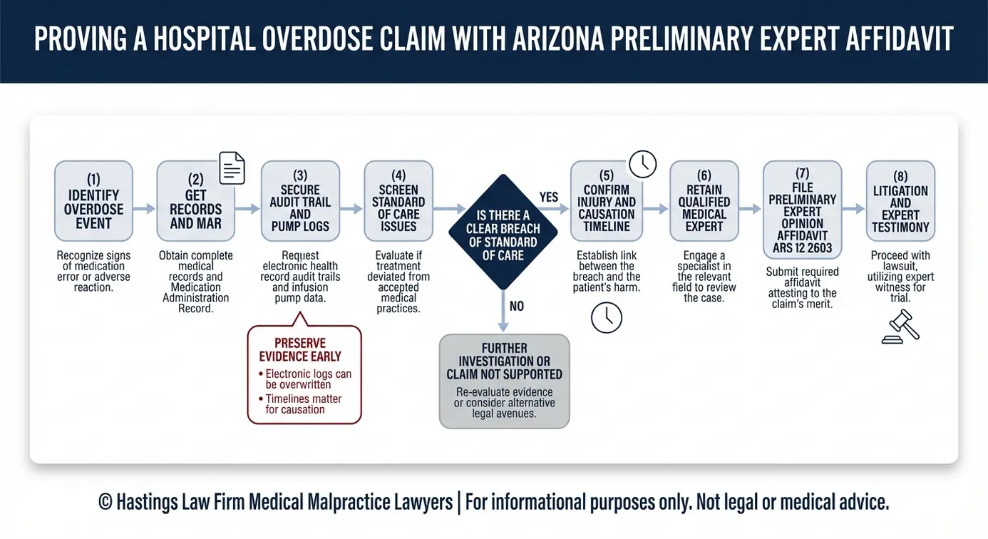 Process flowchart for proving an Arizona hospital medication overdose claim, including records collection audit trail pump logs and the Arizona preliminary expert opinion affidavit steps used by an Arizona Medication Overdose in Hospital Lawyer.