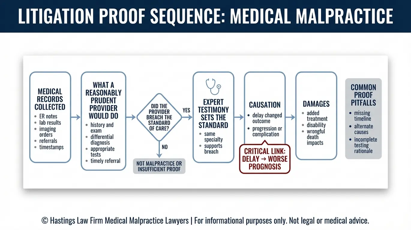 Proceso de diagrama de flujo que muestra cómo un fallo de Arizona para diagnosticar abogado demuestra la revisión de los registros médicos a continuación, la norma de incumplimiento de la atención a continuación, el testimonio de expertos a continuación, la causalidad a continuación, daños y perjuicios.