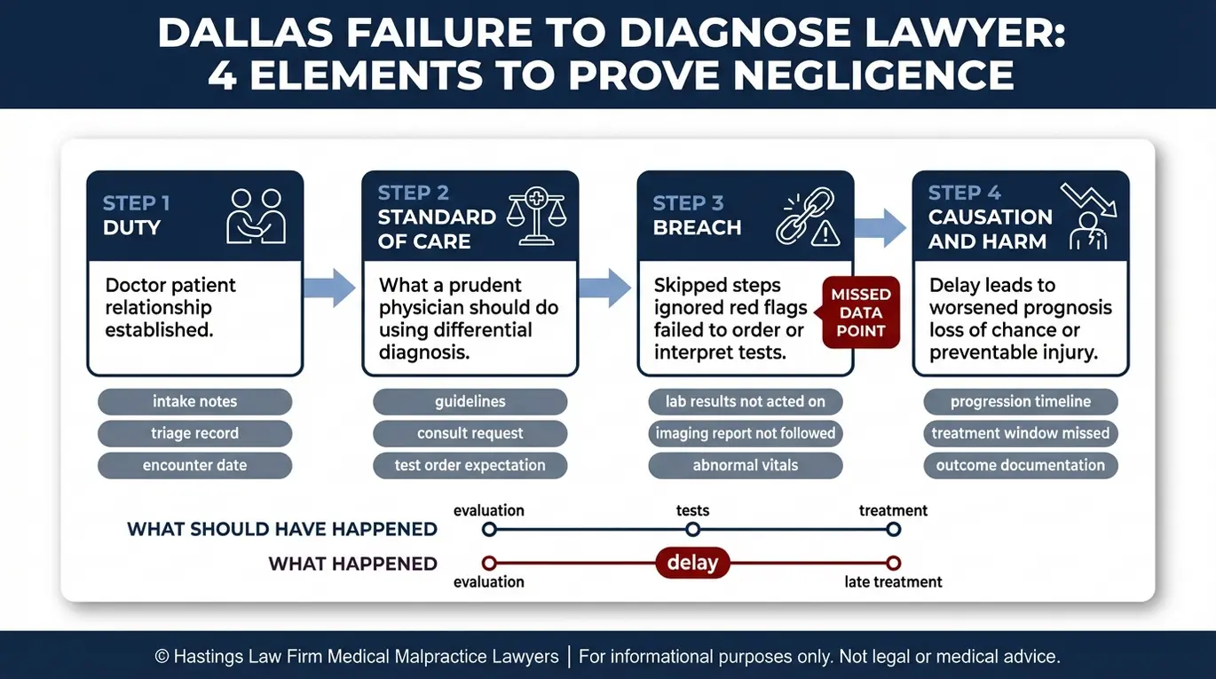 Process flowchart showing how a Dallas failure to diagnose lawyer proves duty standard of care breach and causation using medical record evidence.