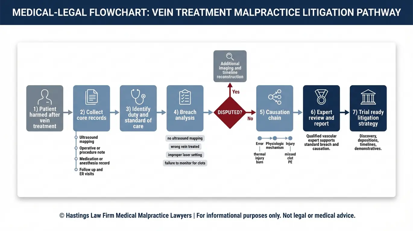 Diagrama de flujo del proceso para un abogado especializado en negligencia médica de un flebólogo Texas, en el que se muestran los pasos para demostrar el incumplimiento del deber, la causalidad y la revisión pericial, así como un caso listo para juicio a partir de los registros médicos.