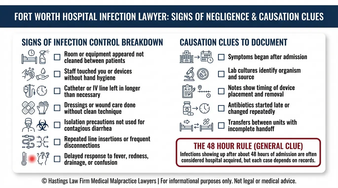 Lista de comprobación de las señales de advertencia de control de infecciones y pistas de causalidad para la revisión de un caso de un abogado especializado en infecciones hospitalarias de Fort Worth.