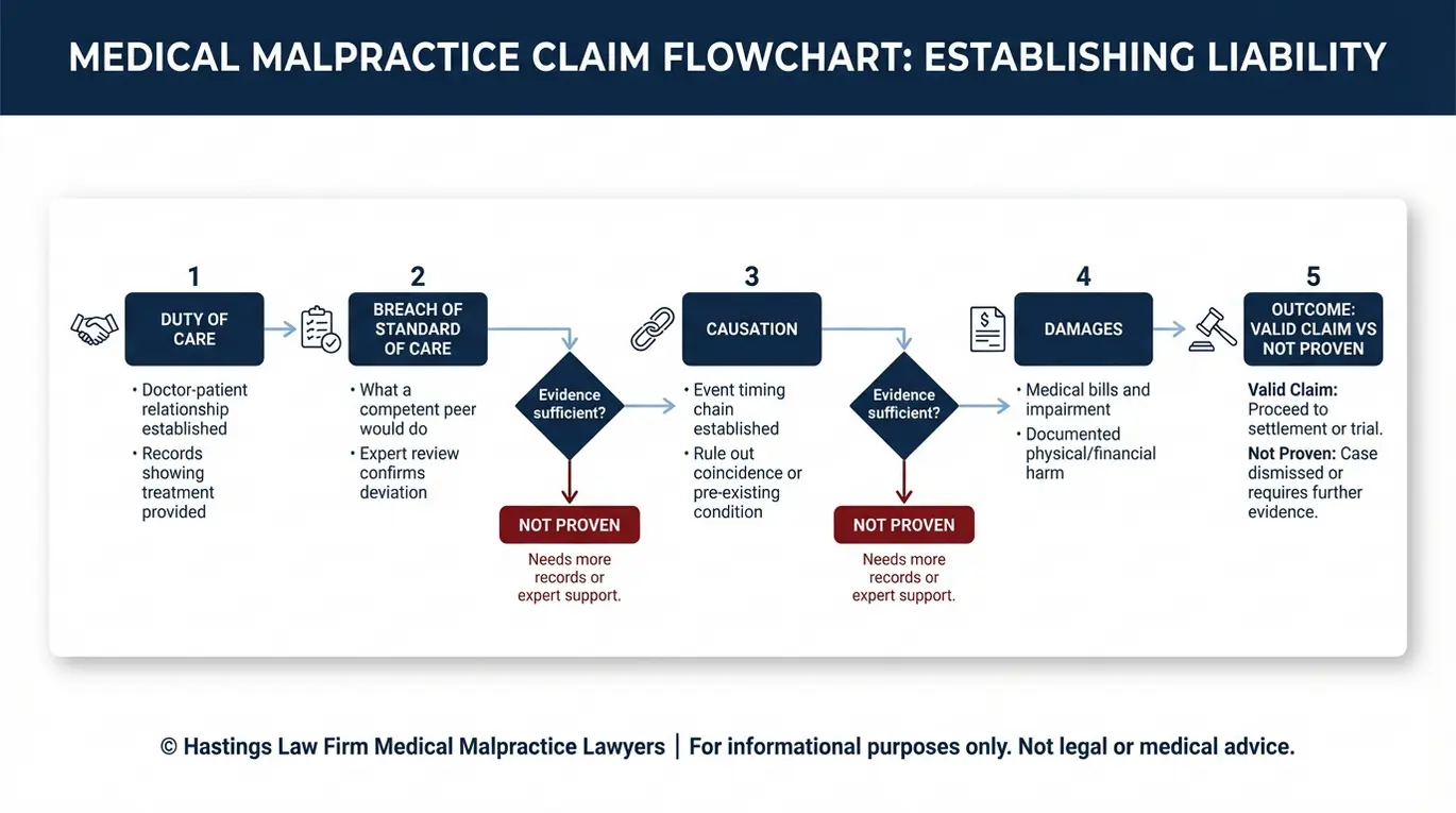 Diagrama de flujo que describe cómo un abogado especializado en negligencia médica de Tucson demuestra el incumplimiento del deber, la causalidad y los daños, con puntos de decisión que indican cuándo no se demuestra una demanda.