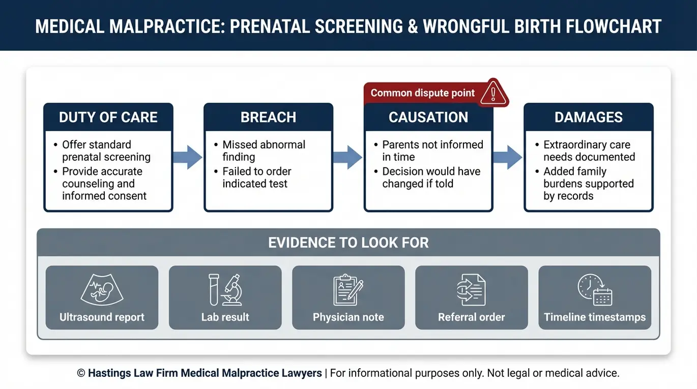 Process flowchart of the four part negligence test for wrongful birth showing duty breach causation and damages as used by an Arizona Wrongful Birth Lawyer.