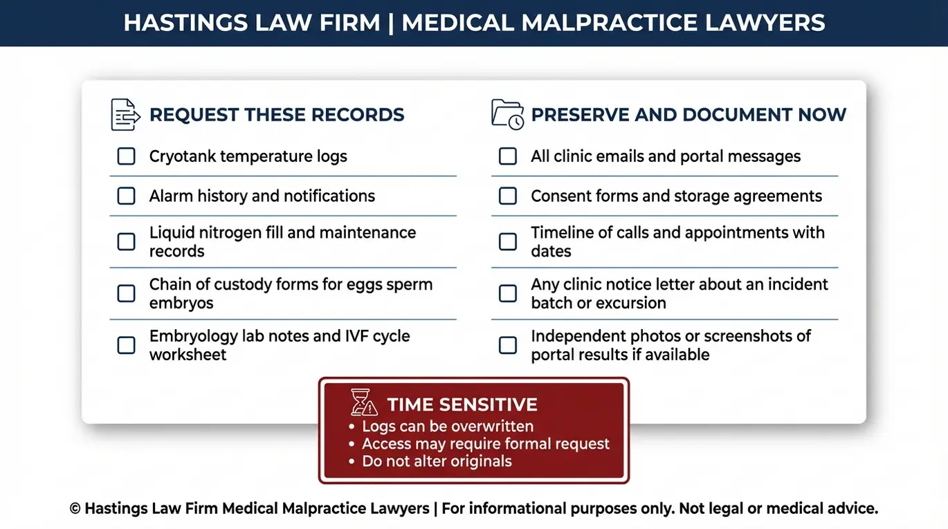 Warning checklist for a Texas Fertility Clinic Malpractice Lawyer case listing IVF negligence evidence to request and preserve including cryotank temperature logs alarm history chain of custody forms and consent documents.