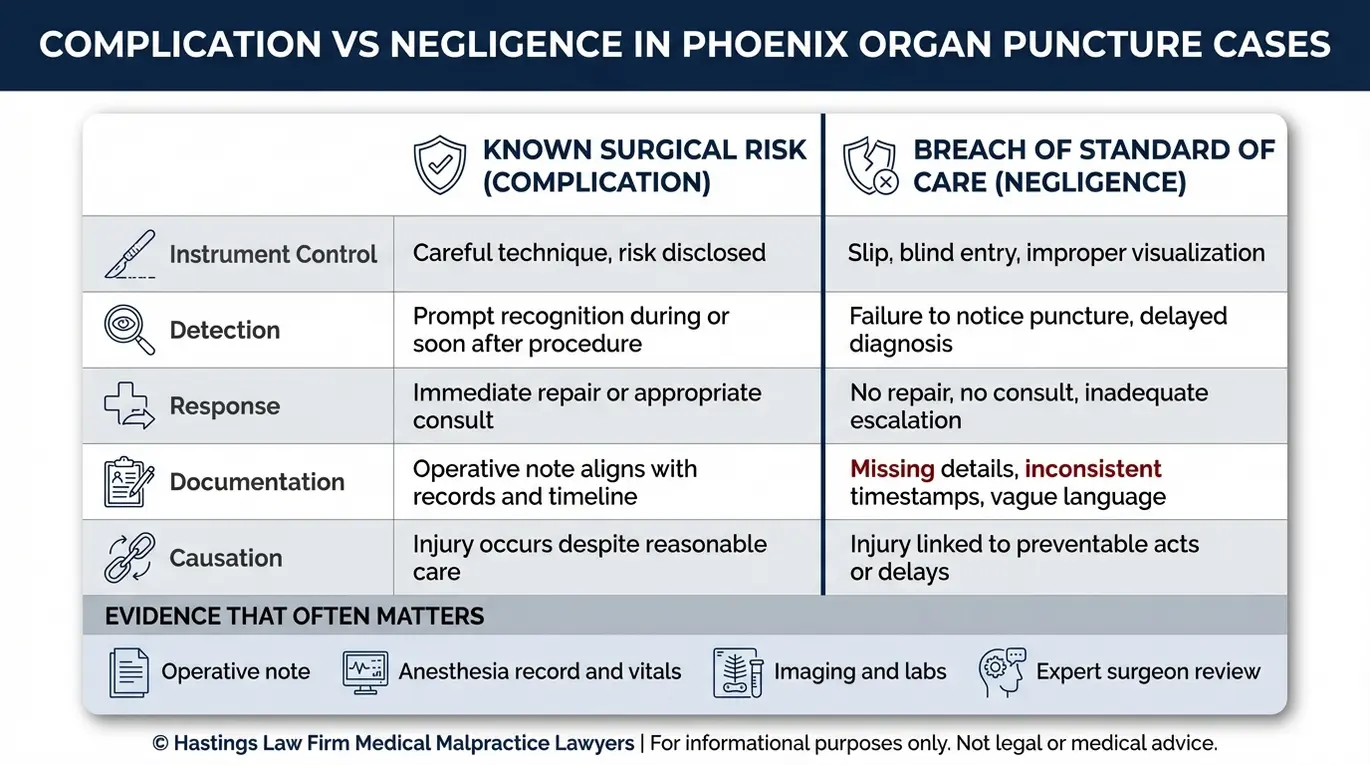 Cuadro comparativo que explica la complicación frente a la negligencia para un caso de Abogado de Perforación o Punción de Órgano Fénix, incluyendo el estándar de atención y las pruebas clave.