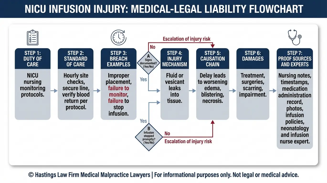Process flowchart showing how negligence and causation are proven in a NICU IV extravasation claim including duty breach evidence and expert review relevant to a Texas NICU IV Extravasation Lawyer.