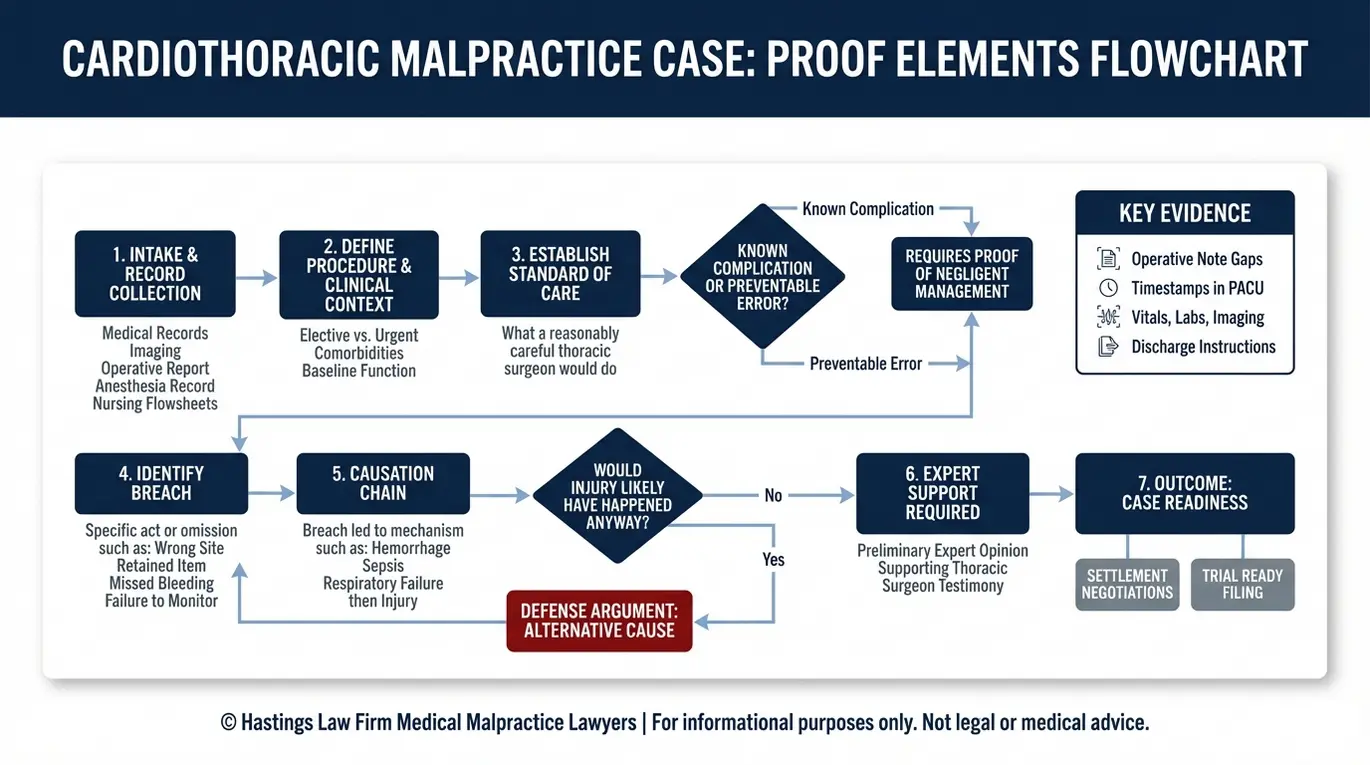 Diagrama de flujo que muestra cómo un abogado especializado en negligencia médica de cirujanos torácicos de Arizona demuestra el incumplimiento del estándar de atención, la relación de causalidad y los requisitos del testimonio pericial.