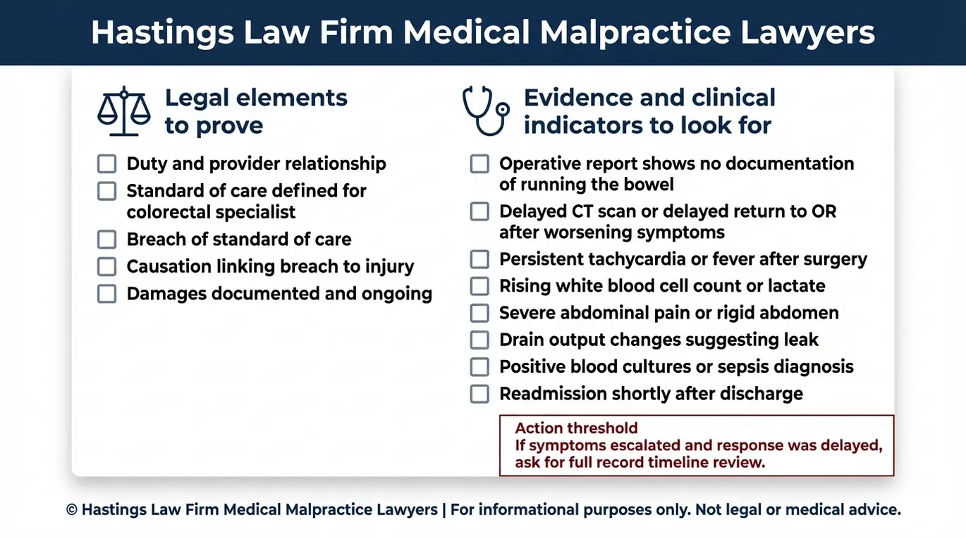 Lista de verificación de advertencias que describe los elementos de negligencia y las pruebas clave para la evaluación de casos de negligencia médica en cirugía de colon y recto por parte de un abogado especializado en negligencia médica de cirujanos colorrectales de Texas.