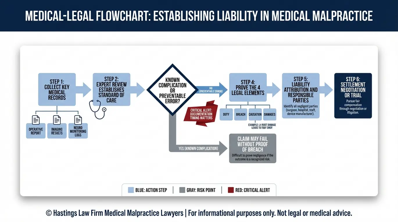 Diagrama de flujo que muestra cómo un abogado especializado en negligencia médica de neurocirugía en Arizona demuestra la negligencia en la neurocirugía mediante el análisis de los expedientes médicos por parte de un experto, un punto de decisión para distinguir entre complicaciones y errores, y los cuatro elementos: deber, incumplimiento, causalidad y daños.