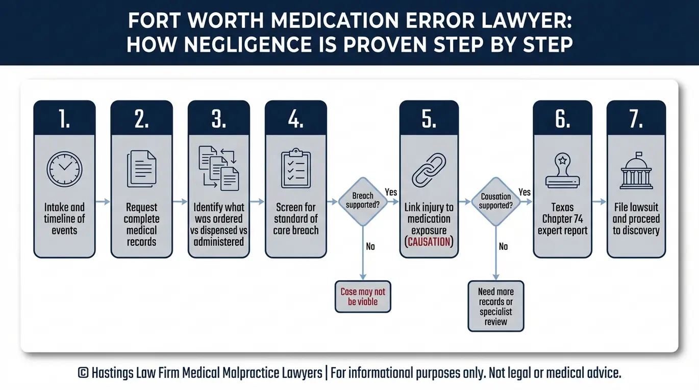 Diagrama de flujo paso a paso para demostrar la negligencia y la relación de causalidad en una demanda por negligencia médica tramitada por un abogado especializado en errores de medicación de Fort Worth.