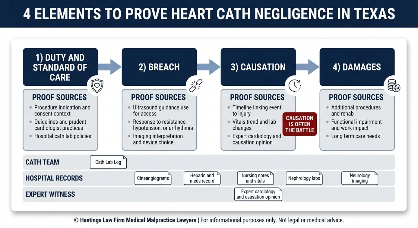 Process flowchart showing how a Texas Cardiac Catheterization Complications Lawyer proves duty breach causation and damages using cath lab records and expert testimony.