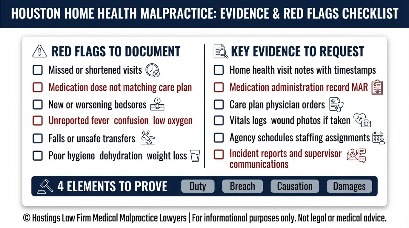 Checklist of red flags and key records to gather to help prove a Houston Home Health Care Provider Malpractice Lawyer negligence claim including duty breach causation and damages.
