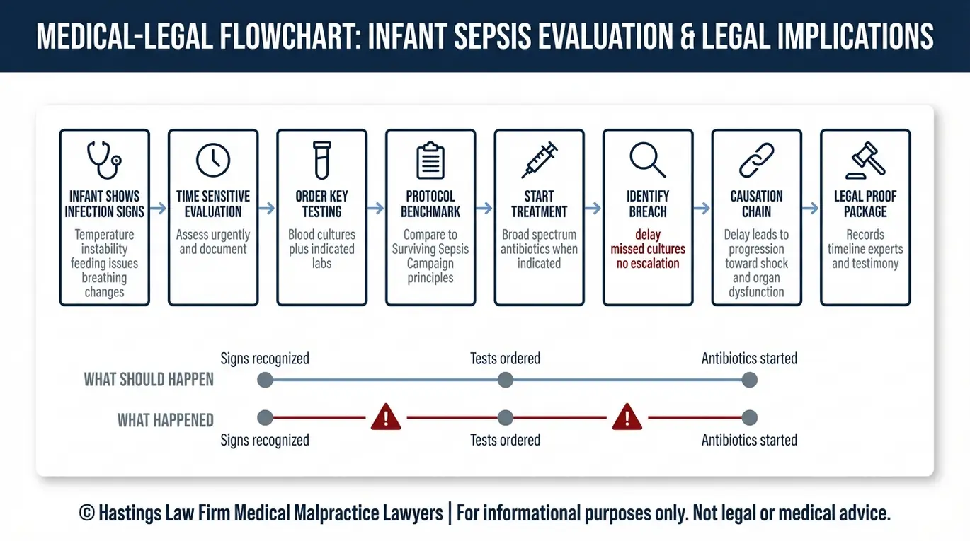 Diagrama de flujo que muestra cómo un abogado especializado en casos de negligencia médica por sepsis infantil Texas demuestra la negligencia mediante una línea de tiempo que abarca desde la aparición de los síntomas hasta la realización de pruebas, la identificación del incumplimiento en el tratamiento con antibióticos y el establecimiento de la causalidad.