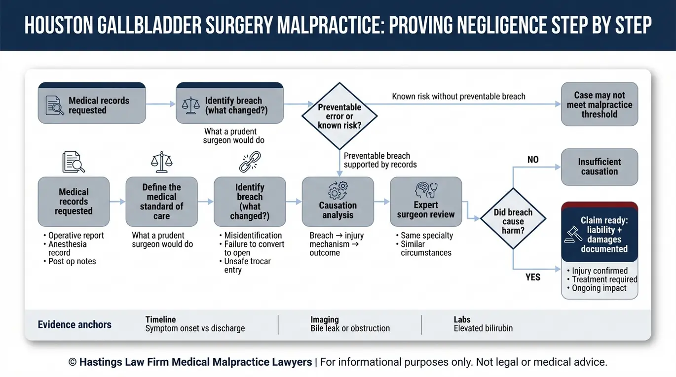 Process flowchart outlining how a Houston Gallbladder Surgery Error Lawyer proves standard of care breach, causation, and expert testimony for a medical malpractice claim after laparoscopic cholecystectomy.