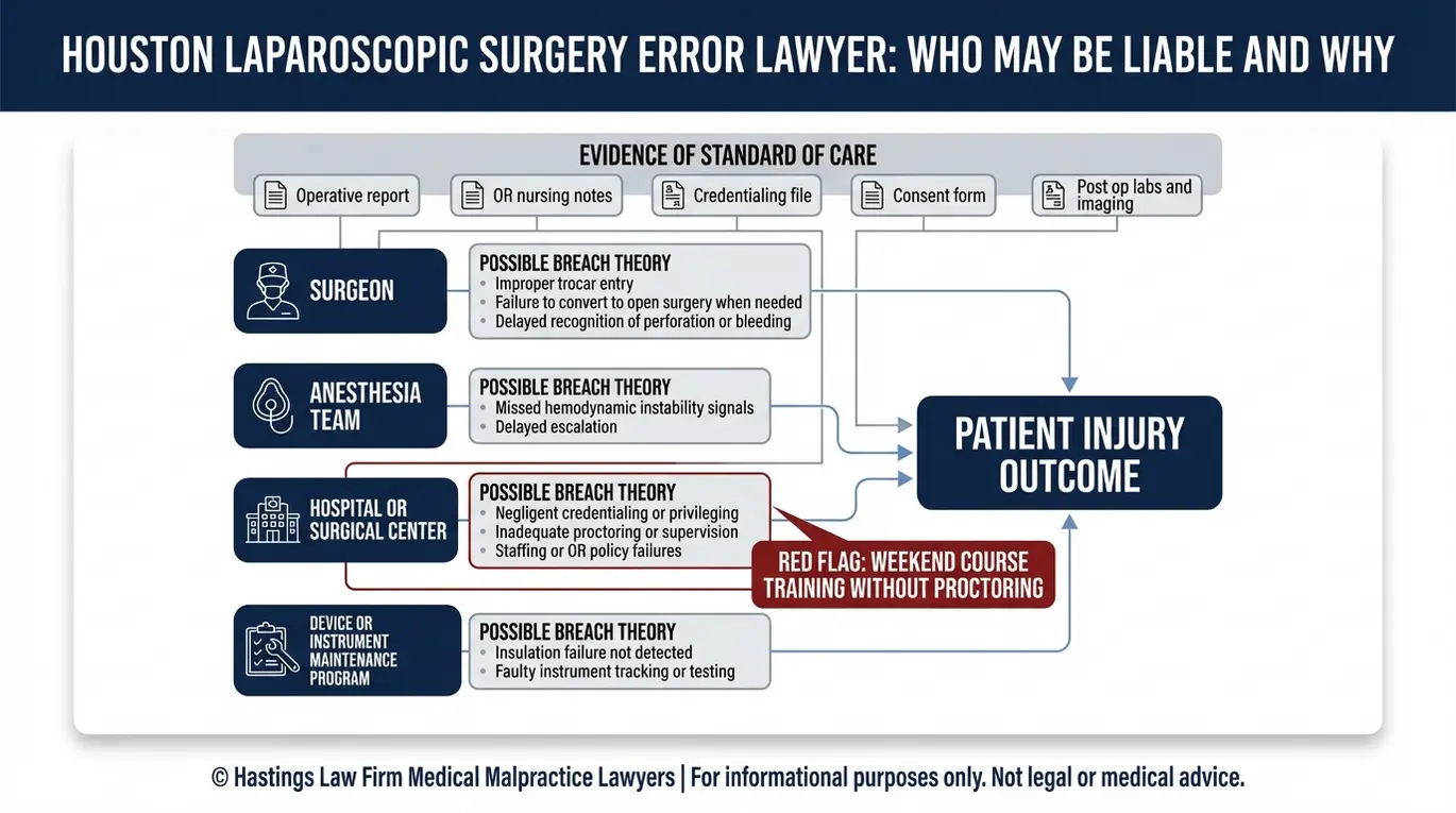 Entity relationship map showing surgeon, hospital credentialing, anesthesia, and device maintenance liability pathways in a Houston Laparoscopic Surgery Error Lawyer malpractice analysis.