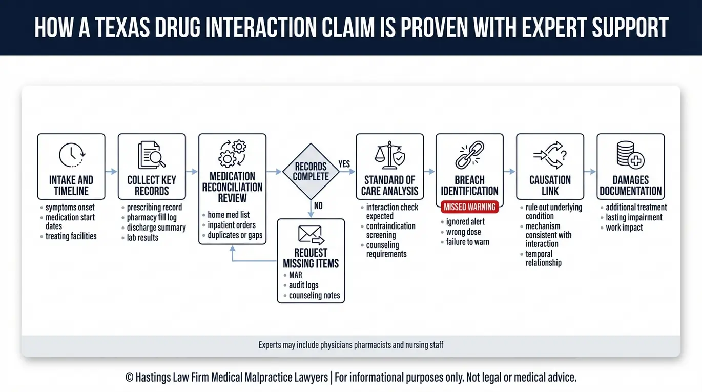 Diagrama de flujo que describe cómo un abogado especializado en negligencia médica por interacciones farmacológicas Texas demuestra la causalidad del incumplimiento del deber y los daños y perjuicios utilizando historiales médicos y testimonios de expertos.