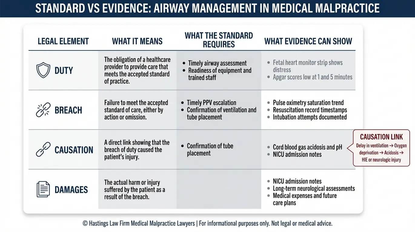 Comparison chart outlining duty breach causation and damages with medical record proof points used by an Arizona Infant Delayed Airway Management Lawyer in neonatal airway negligence cases.