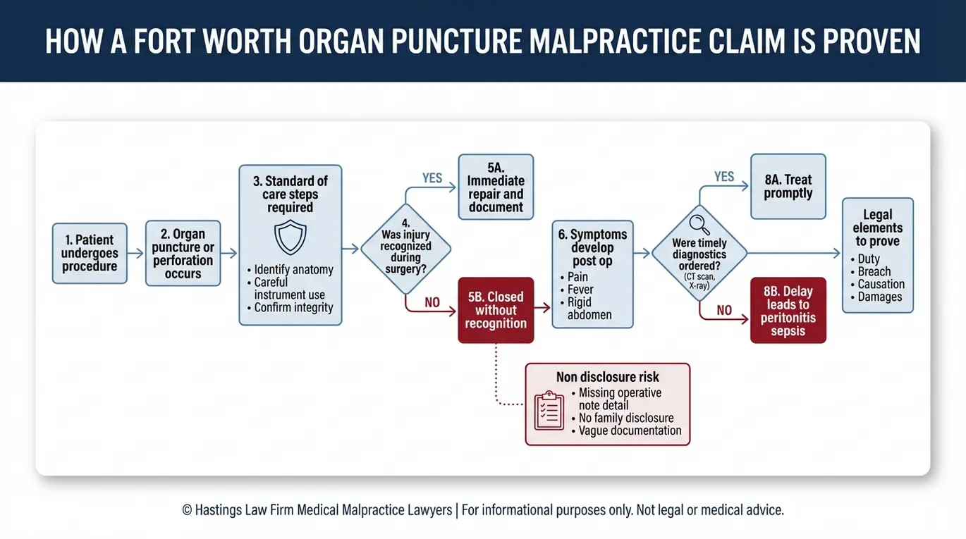 Flowchart explaining how a Fort Worth Organ Puncture or Perforation Lawyer proves duty breach causation and damages with decision points for recognition repair diagnostics and non disclosure.