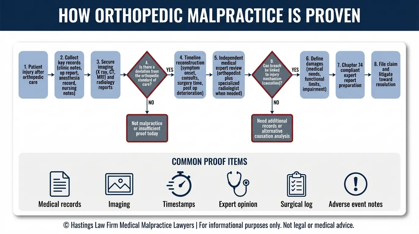 Diagrama de flujo que muestra cómo un abogado especializado en negligencia ortopédica de Texas demuestra la negligencia ortopédica utilizando historiales médicos, imágenes médicas y el dictamen de expertos, así como los puntos de decisión relativos al incumplimiento del estándar de atención, la causalidad y los daños y perjuicios.