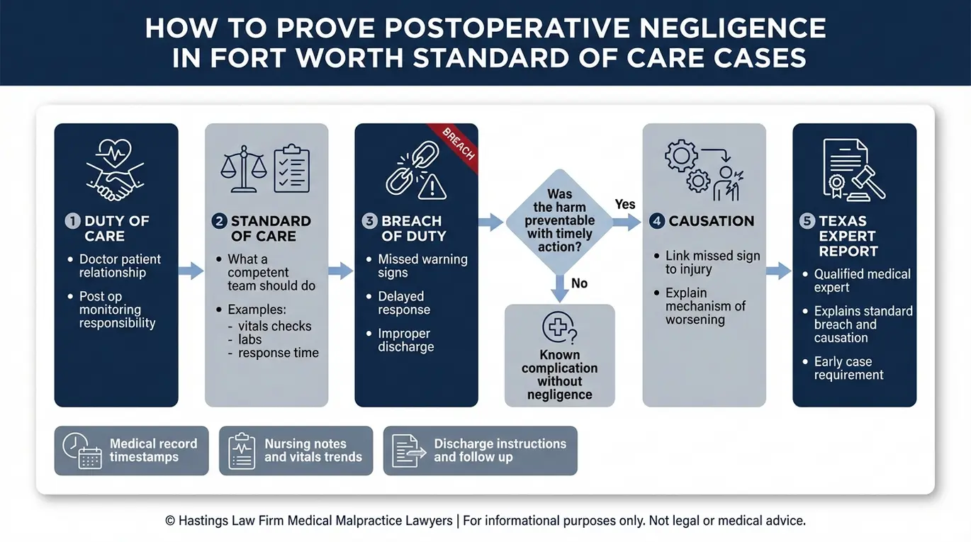 Flowchart showing duty of care standard of care breach causation and expert report proof path used by a Fort Worth Postoperative Malpractice Lawyer.