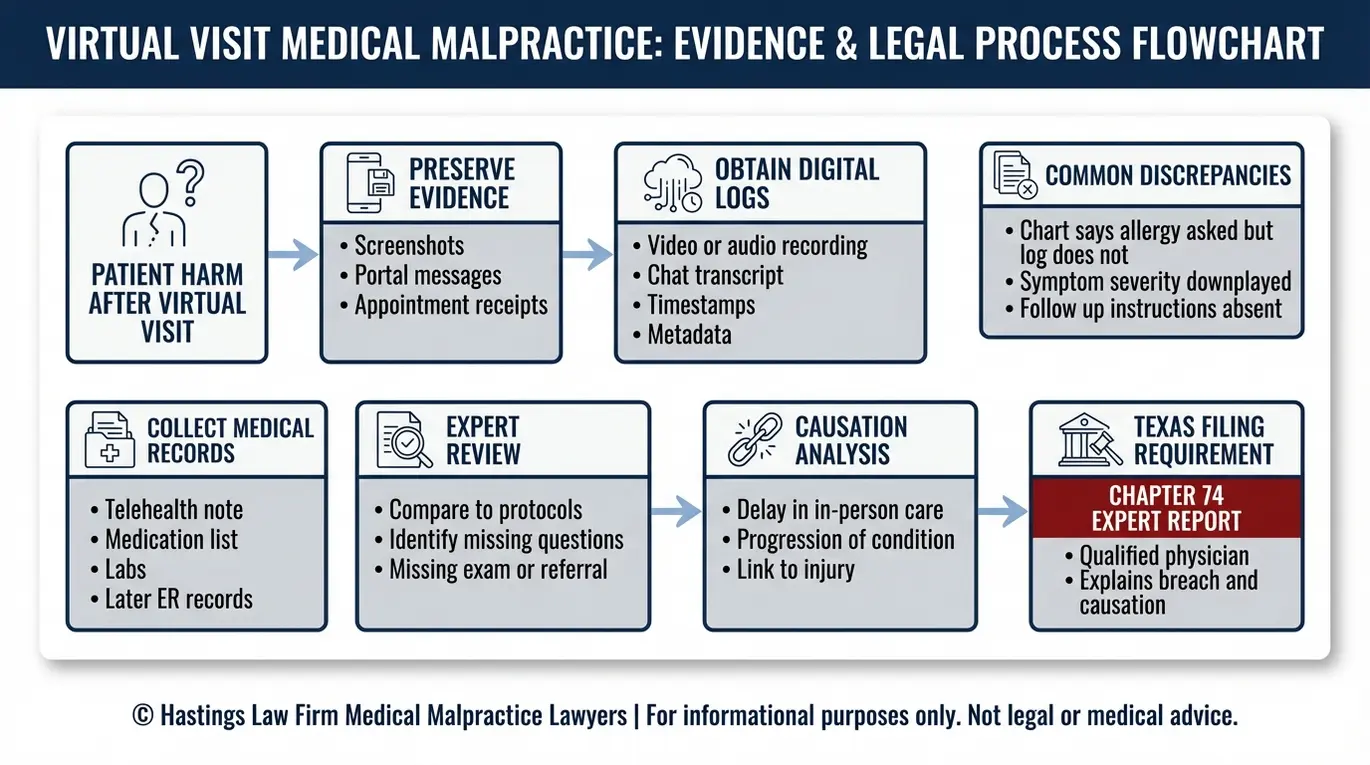Diagrama de flujo del proceso para un Texas Telehealth Malpractice Lawyer en el que se describen los pasos para demostrar la negligencia en telemedicina mediante el análisis de causalidad de la revisión pericial de registros médicos digitales y el informe pericial del capítulo 74.