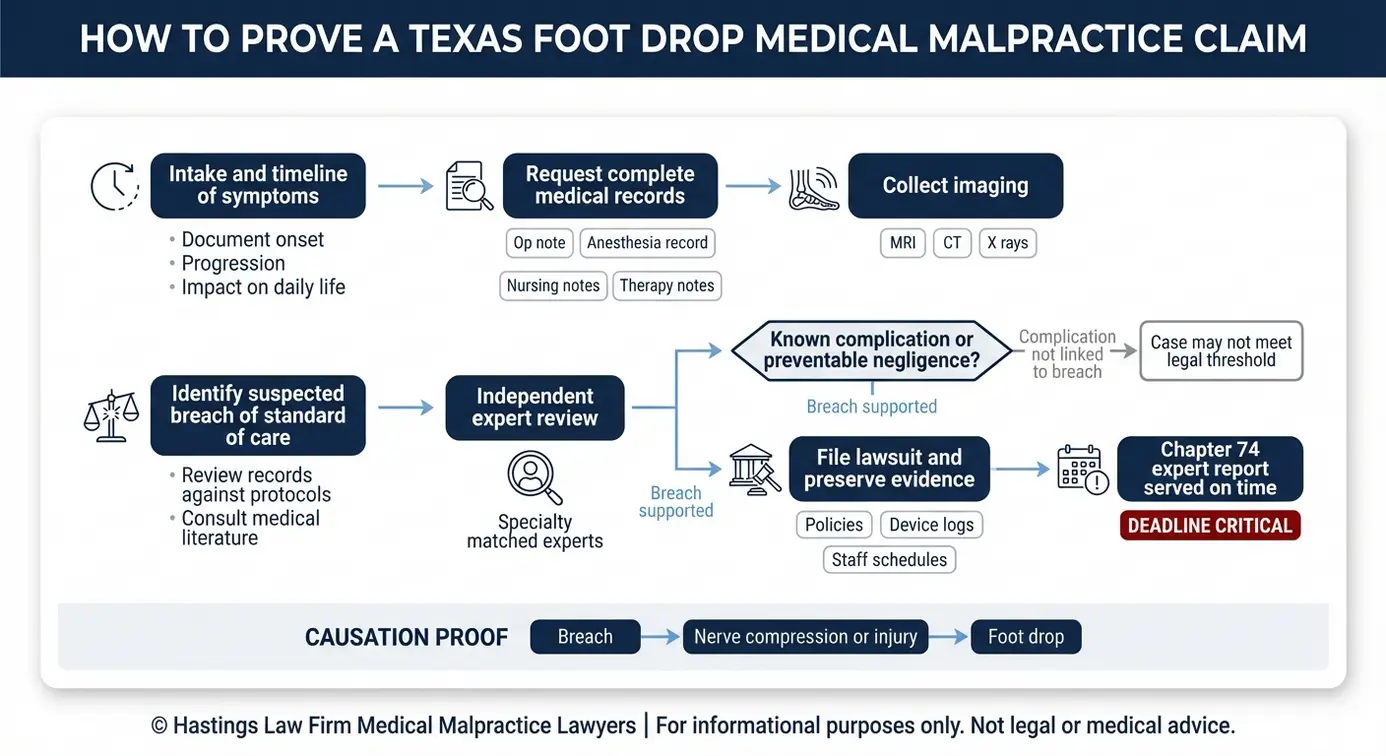 Process flowchart showing steps and decision points to prove negligence in a Texas foot drop case for a Texas Drop Foot Lawyer guide.