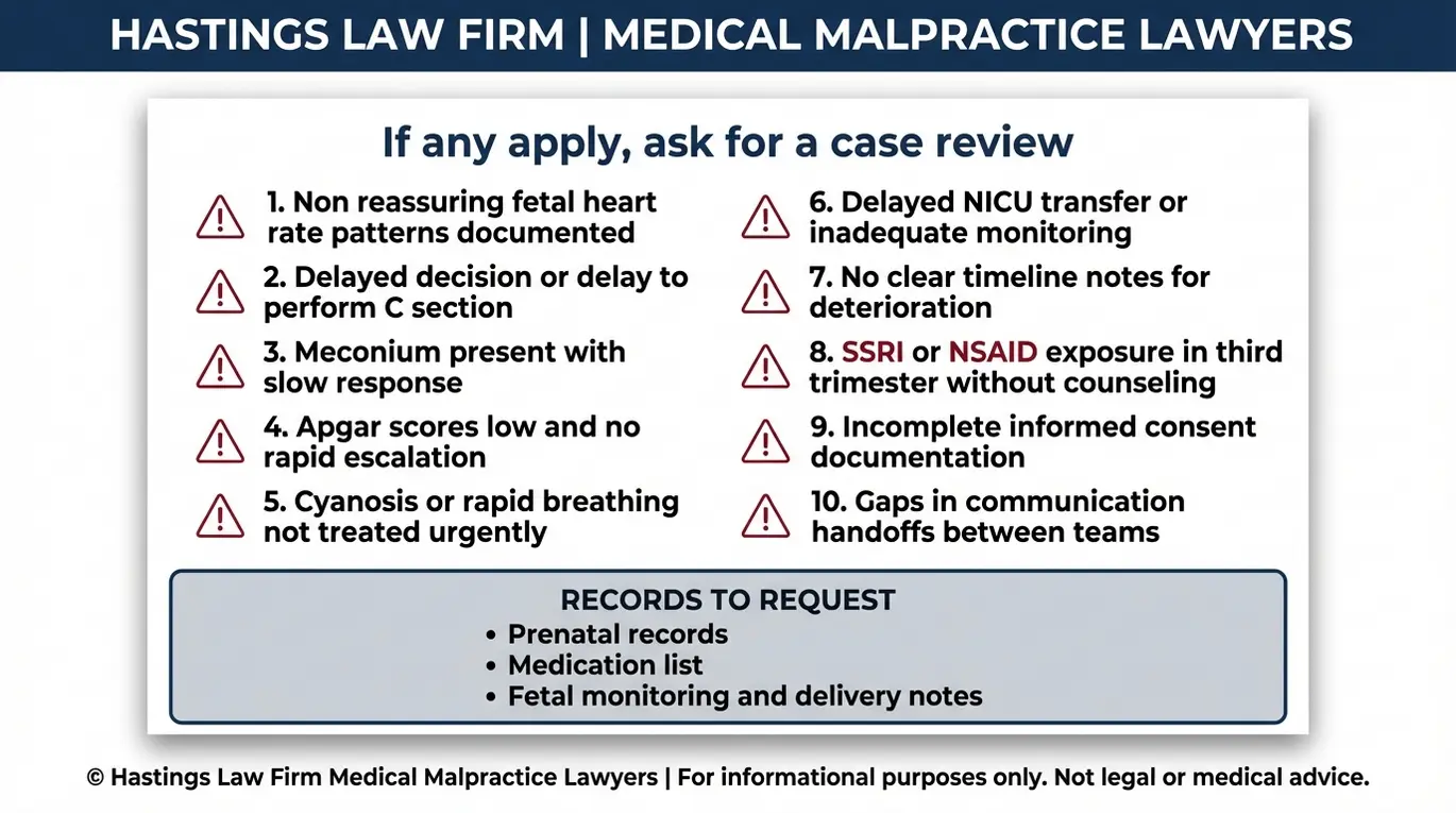 Warning checklist of PPHN malpractice red flags such as fetal distress not addressed, delayed C section, NICU escalation delays, and SSRI or NSAID counseling gaps used when evaluating a claim with a Texas Persistent Pulmonary Hypertension Lawyer.