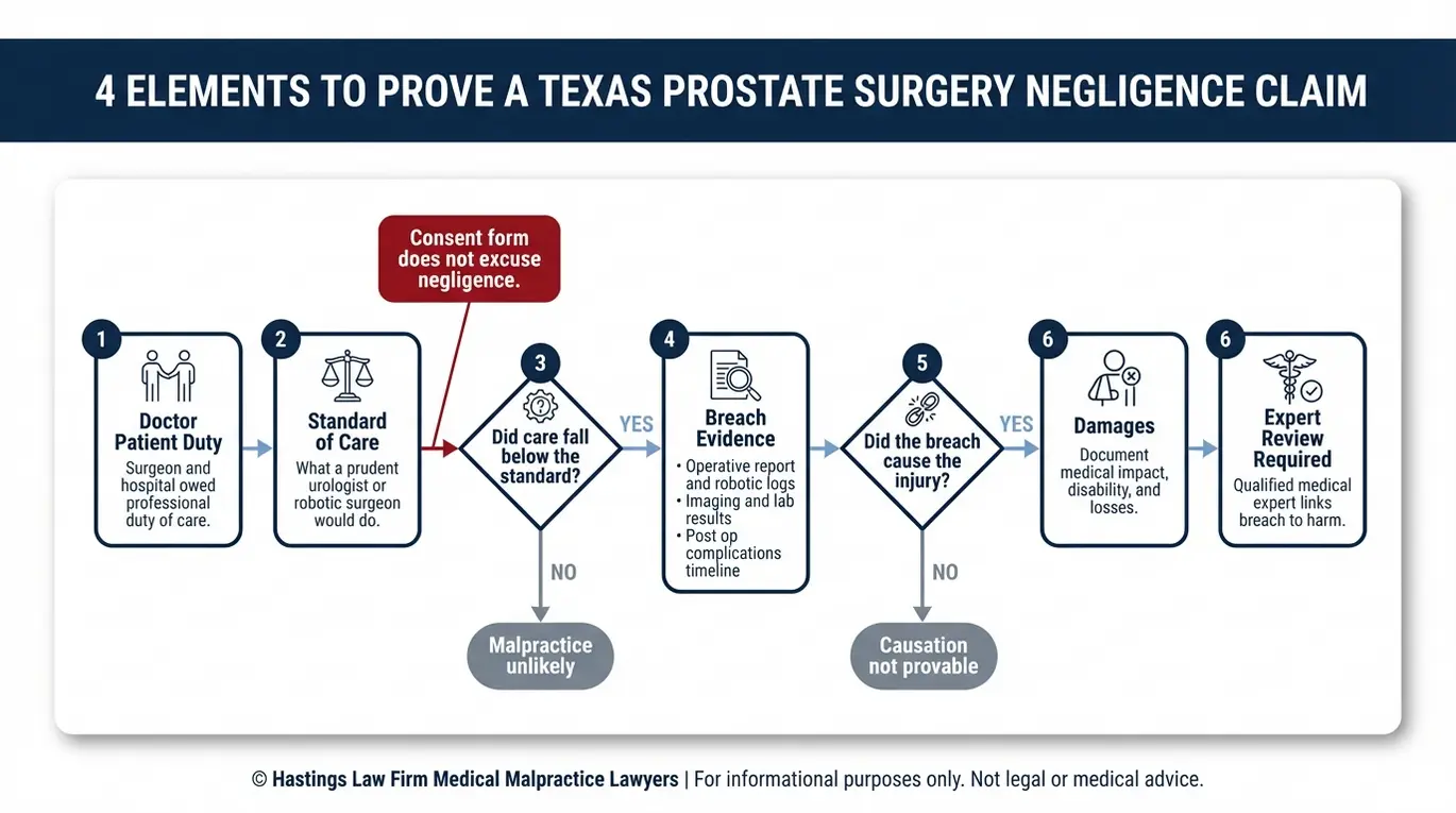 Process flowchart showing how a Houston prostate surgery error lawyer proves duty breach causation and damages in a Texas medical malpractice lawsuit.