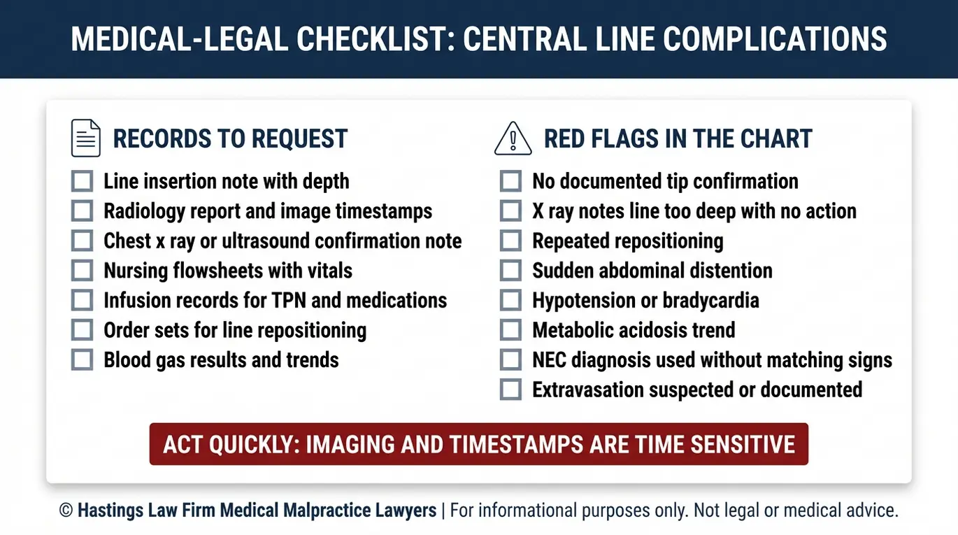 Warning checklist for a Texas Umbilical Catheter Birth Injury Lawyer listing key NICU records to request and chart red flags like missing tip confirmation abnormal x ray findings sudden hypotension bradycardia metabolic acidosis and extravasation.