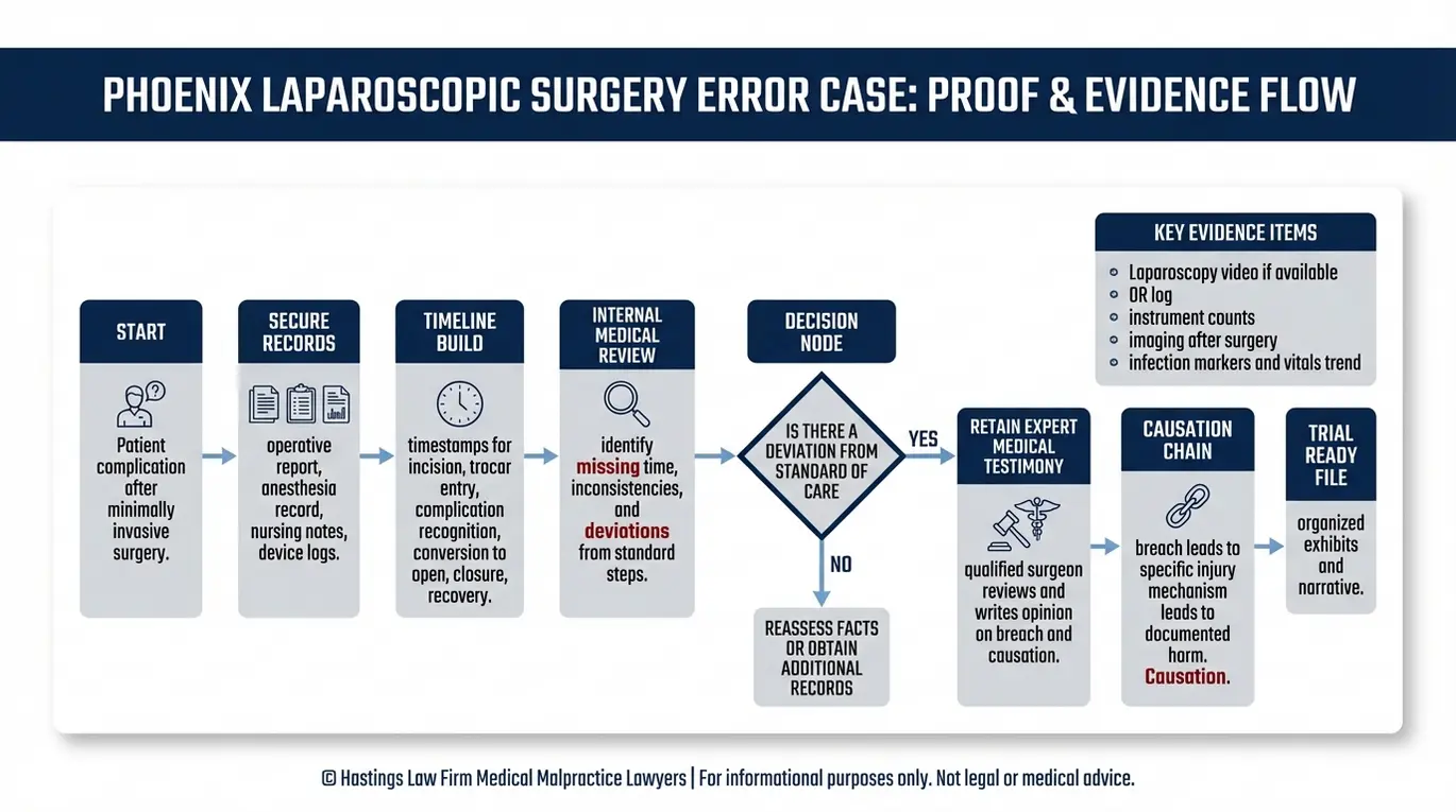 Diagrama de flujo que describe cómo un abogado especializado en errores quirúrgicos laparoscópicos de Phoenix demuestra la negligencia mediante historiales médicos, cronologías, testimonios de expertos médicos y una cadena de causalidad que va desde el incumplimiento hasta la lesión.