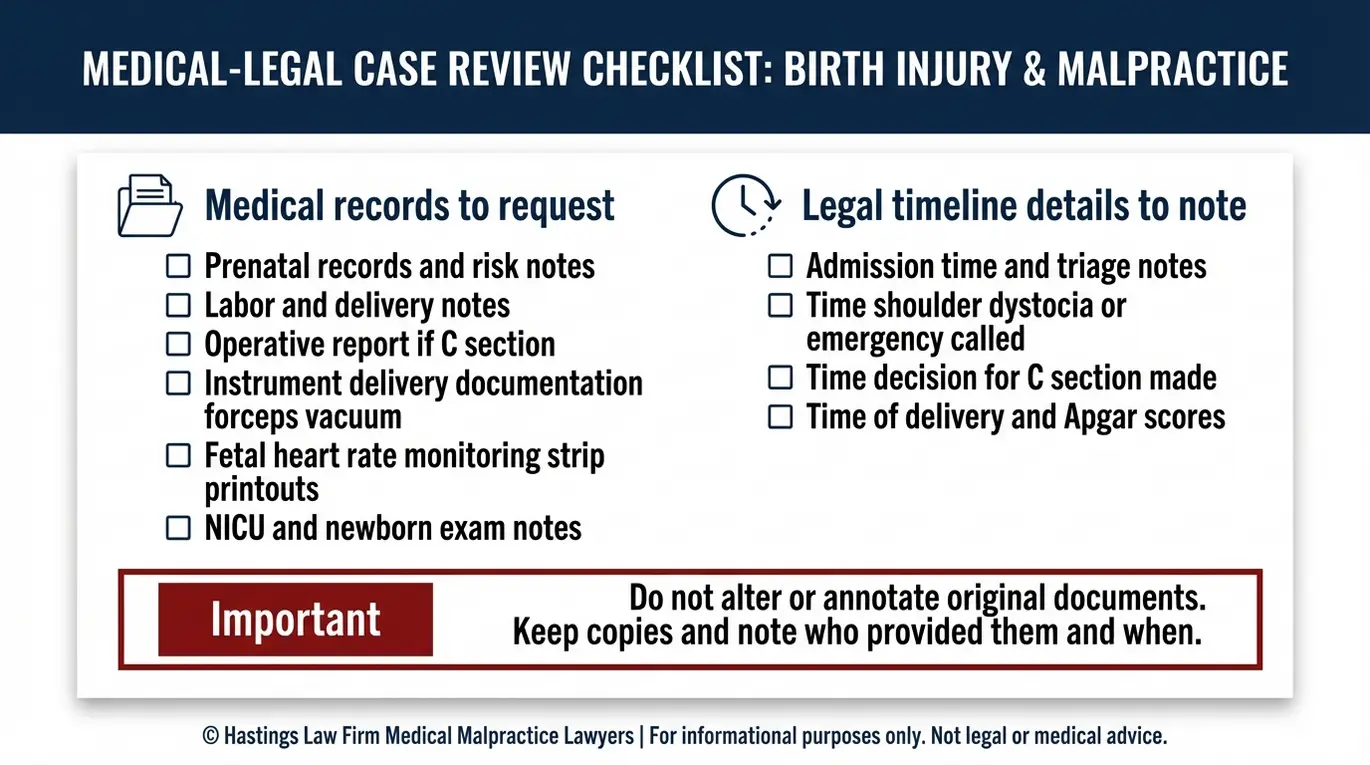 Warning checklist of medical records and key timestamps to preserve when building a birth paralysis case with a Texas Birth Paralysis Lawyer.