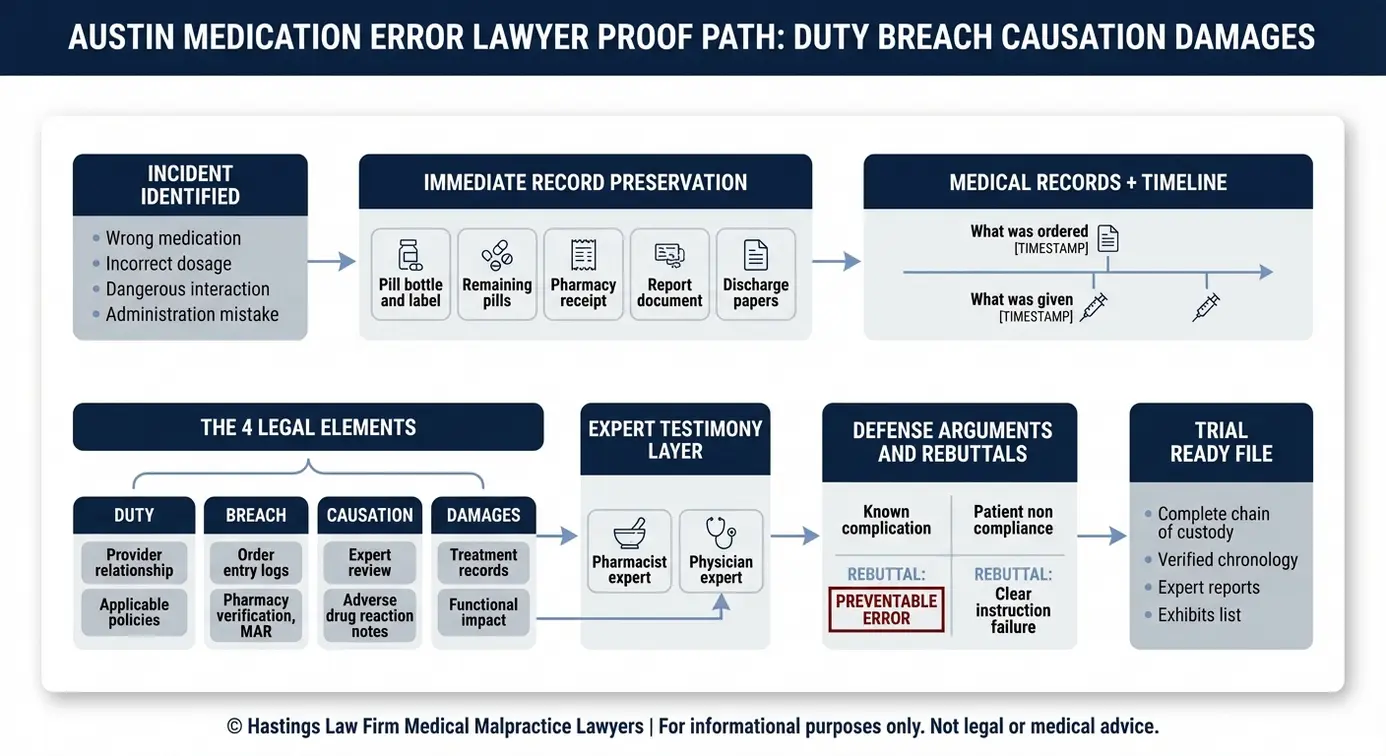 Process flowchart outlining how an Austin Medication Error Lawyer proves duty breach causation and damages using medical records timeline evidence preservation and expert testimony.