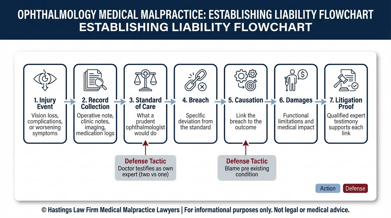 Diagrama de flujo que explica cómo un abogado especializado en negligencia médica oftalmológica de Arizona demuestra la negligencia utilizando historiales médicos, el incumplimiento del estándar de atención, la relación de causalidad, los daños y perjuicios, y el testimonio de expertos, frente a las tácticas de defensa más comunes.