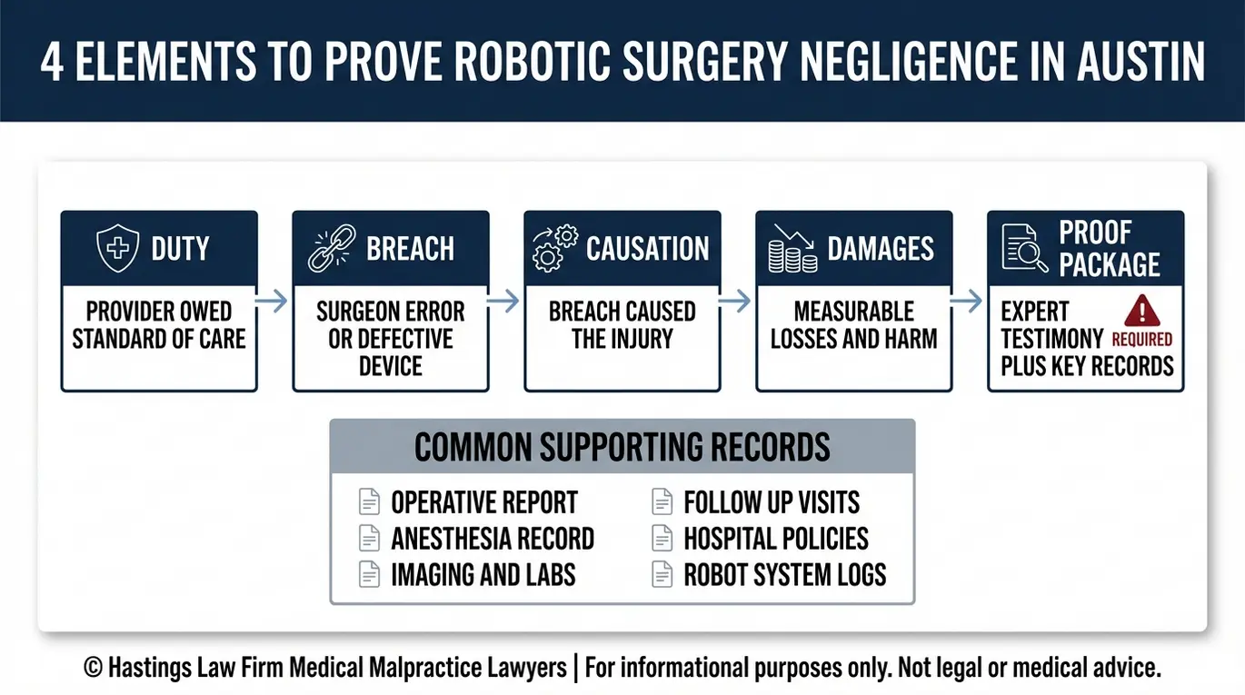 Diagrama de flujo del proceso relativo a la causalidad del incumplimiento del deber y los daños y perjuicios, con lista de pruebas, para una demanda por negligencia presentada ante un abogado especializado en negligencia médica en cirugía robótica de Austin.
