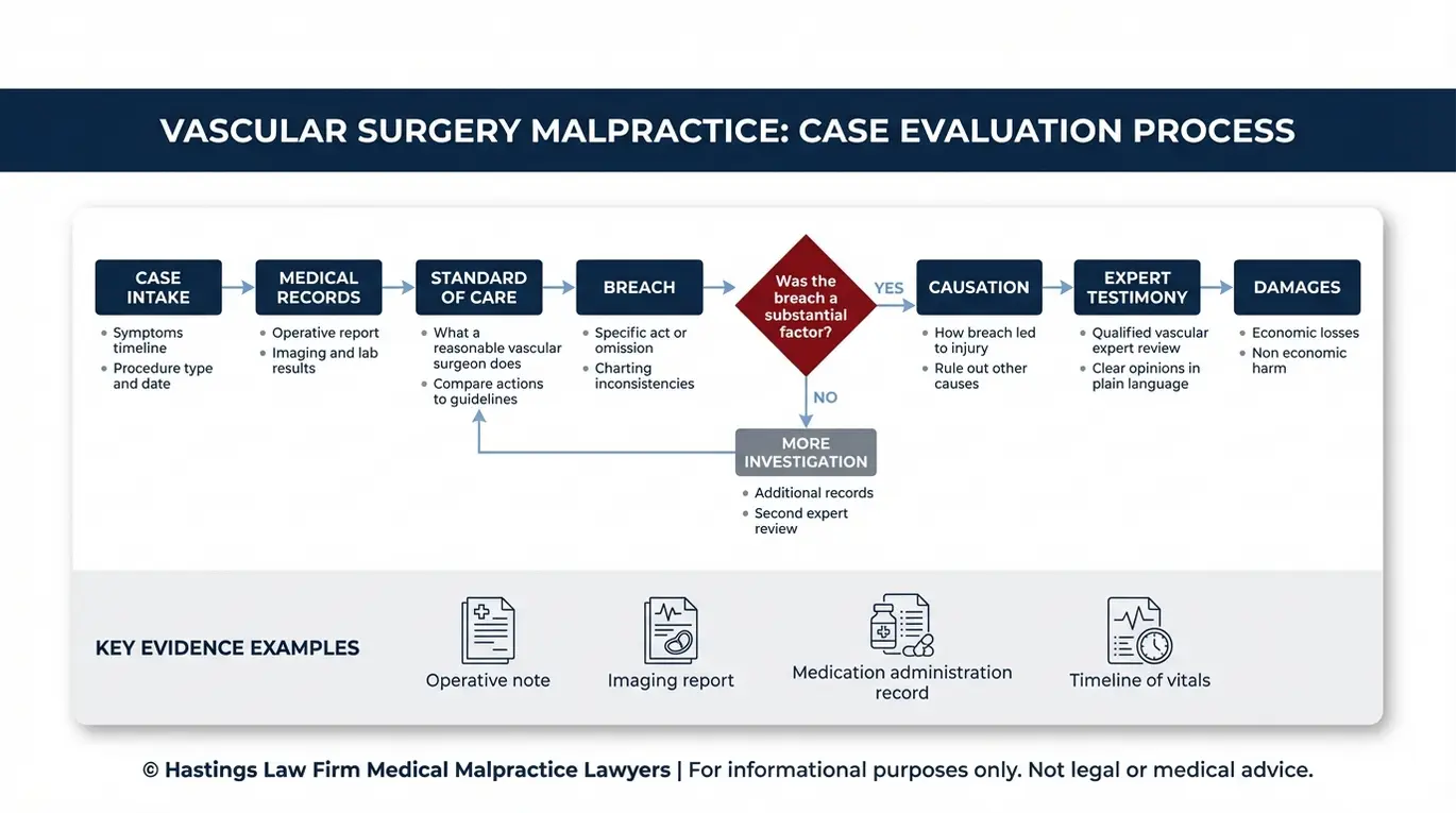 Diagrama de flujo que muestra cómo un abogado especializado en negligencia médica de cirujanos vasculares de Arizona demuestra el incumplimiento del estándar de atención, la relación de causalidad, el testimonio pericial y los daños y perjuicios utilizando notas quirúrgicas, imágenes médicas y registros de medicación.