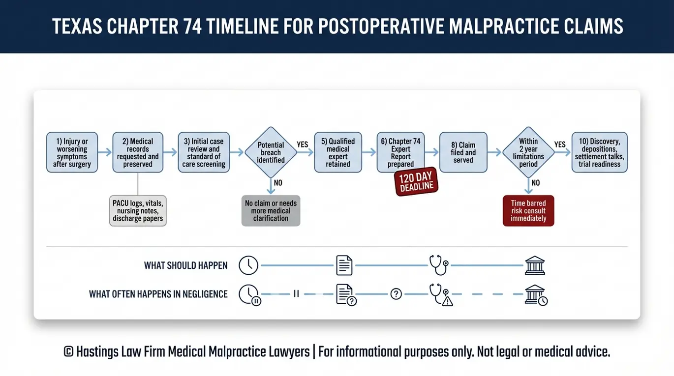 Diagrama de flujo que describe los pasos del informe pericial del Capítulo 74 de la norma Texas y los plazos clave para una demanda por negligencia médica posoperatoria en Houston, desde la conservación de los registros hasta la presentación del informe pericial y los puntos de decisión sobre los plazos de prescripción.