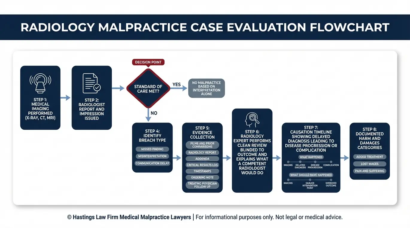 Process flowchart outlining how an Arizona Radiologist Malpractice Lawyer proves negligence using standard of care breach evidence radiology expert clean review and a causation timeline from misread scans to patient harm.