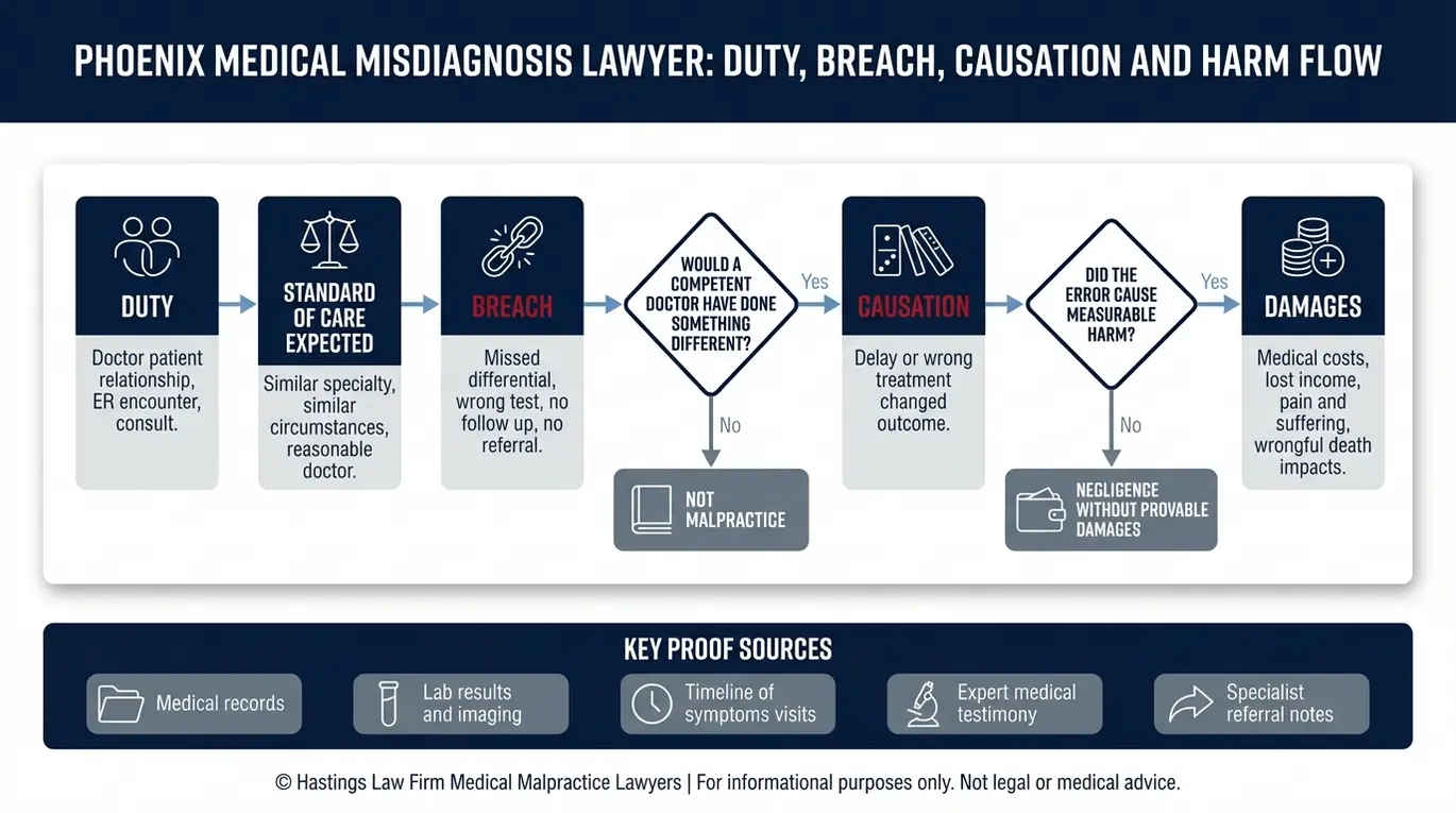 Diagrama de flujo que describe cómo un abogado especializado en casos de diagnóstico erróneo de Phoenix Medical demuestra el deber, el incumplimiento del estándar de atención, la causalidad y los daños y perjuicios, con las principales fuentes de pruebas.