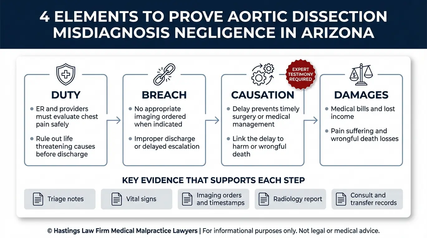 Diagrama de flujo que muestra los pasos para demostrar la causalidad del incumplimiento del deber y los daños, utilizados por un abogado especializado en casos de diagnóstico erróneo de disección aórtica en Arizona en casos de negligencia médica.