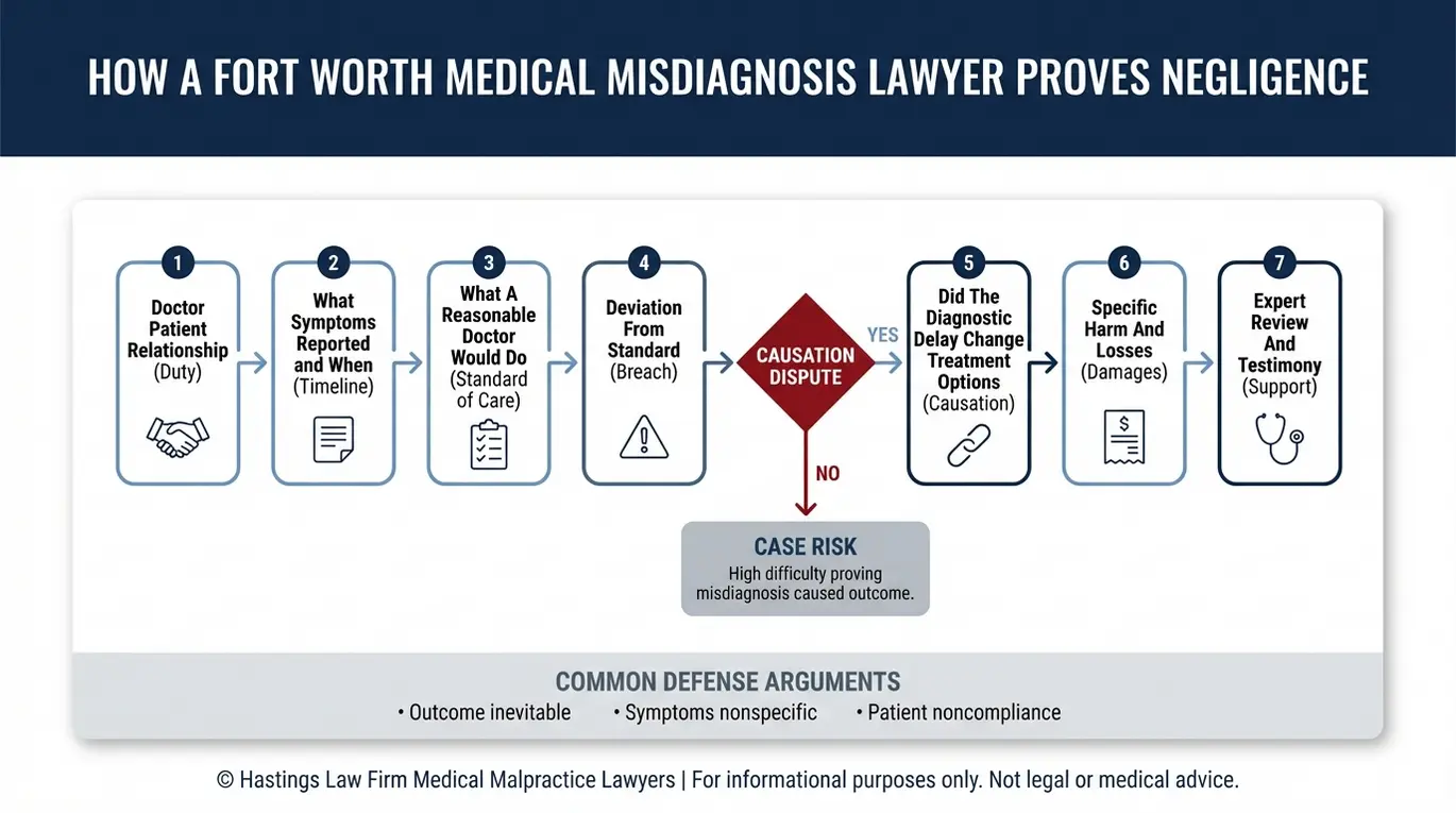 Diagrama de flujo que muestra cómo un Abogado de Fort Worth Medical Misdiagnosis prueba la causalidad del incumplimiento del deber y los daños con la revisión de expertos.