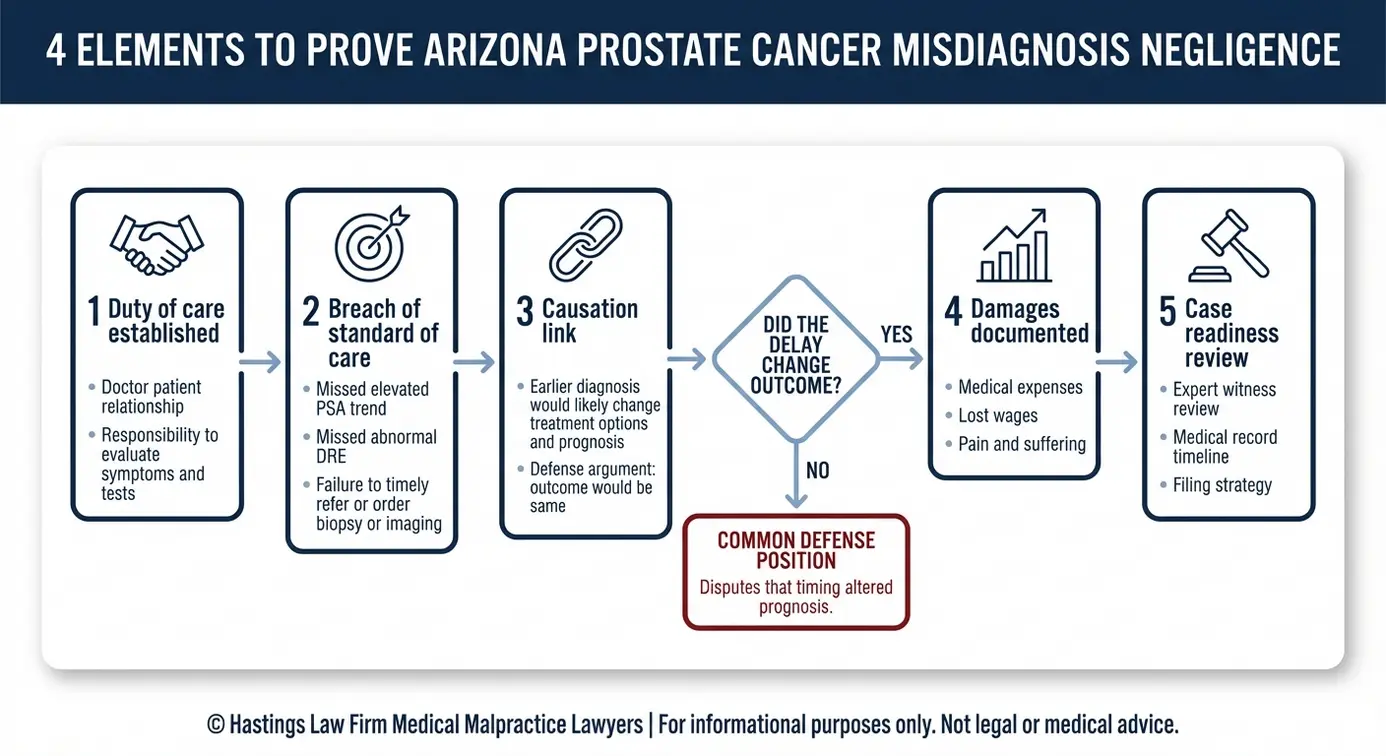 Diagrama de flujo que muestra cómo un abogado especializado en casos de diagnóstico erróneo de cáncer de próstata en Arizona demuestra el incumplimiento del deber, la causalidad y los daños y perjuicios en virtud de la legislación sobre negligencia médica de Arizona.